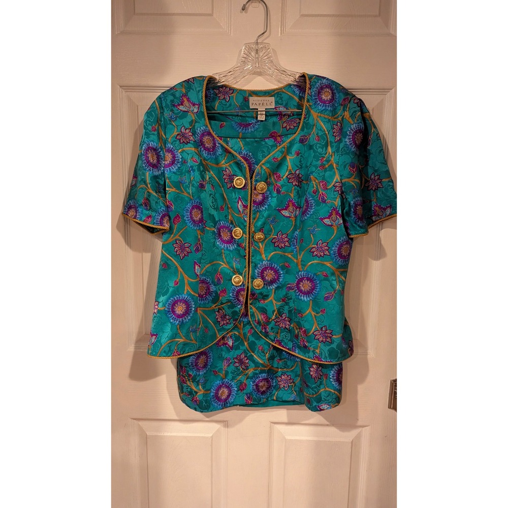 Adrianna Papell Skirt Suit 12 Teal Silk Floral Jacquard Vintage Gold Button 90s - Picture 2 of 8